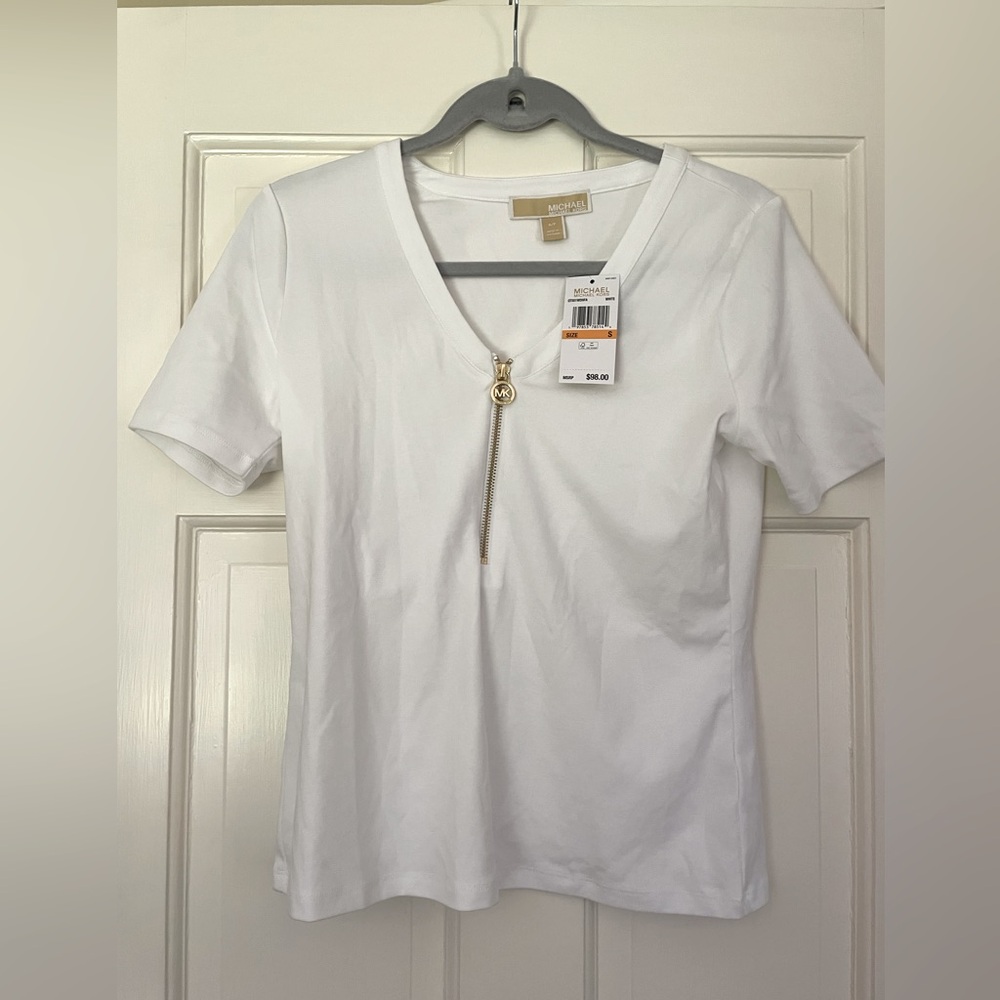 Michael Kors White Short Sleeve T-Shirt With MK Zipper Detail $99 MSRP